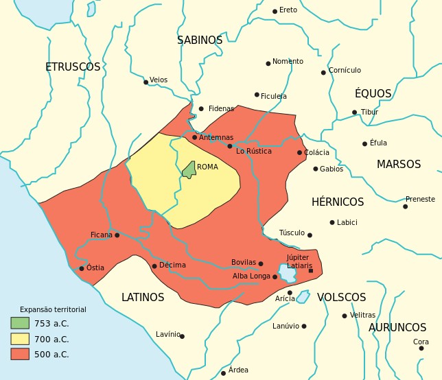 Mapa de situación del Lacio Arcaico mostrando la posición de Roma entre Etruria, Sabinia y el Latium.
